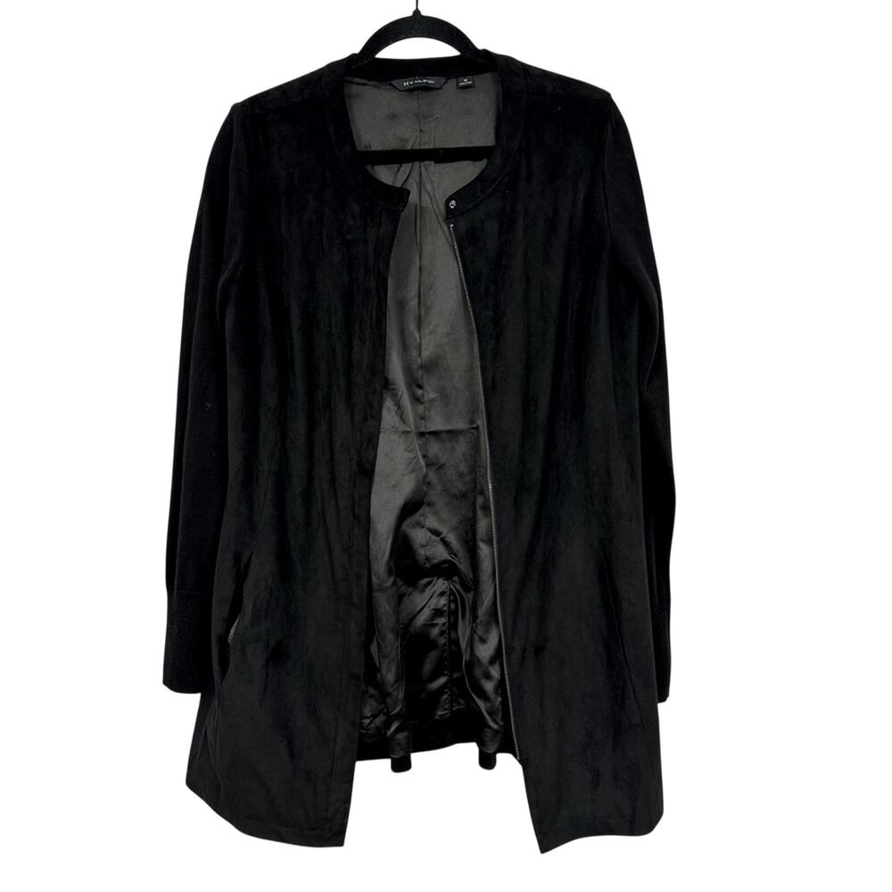 H By Halston Black Faux Suede Full Zip Long Line Duster Jacket Women’s 10 Preppy